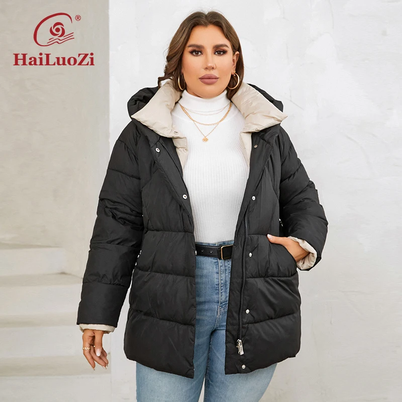 HaiLuoZi 2023 New Women's Winter Jackets Plus Size Short Warm Hooded Female Outwear Zip Up Quilted Stylish Coat Women 1170