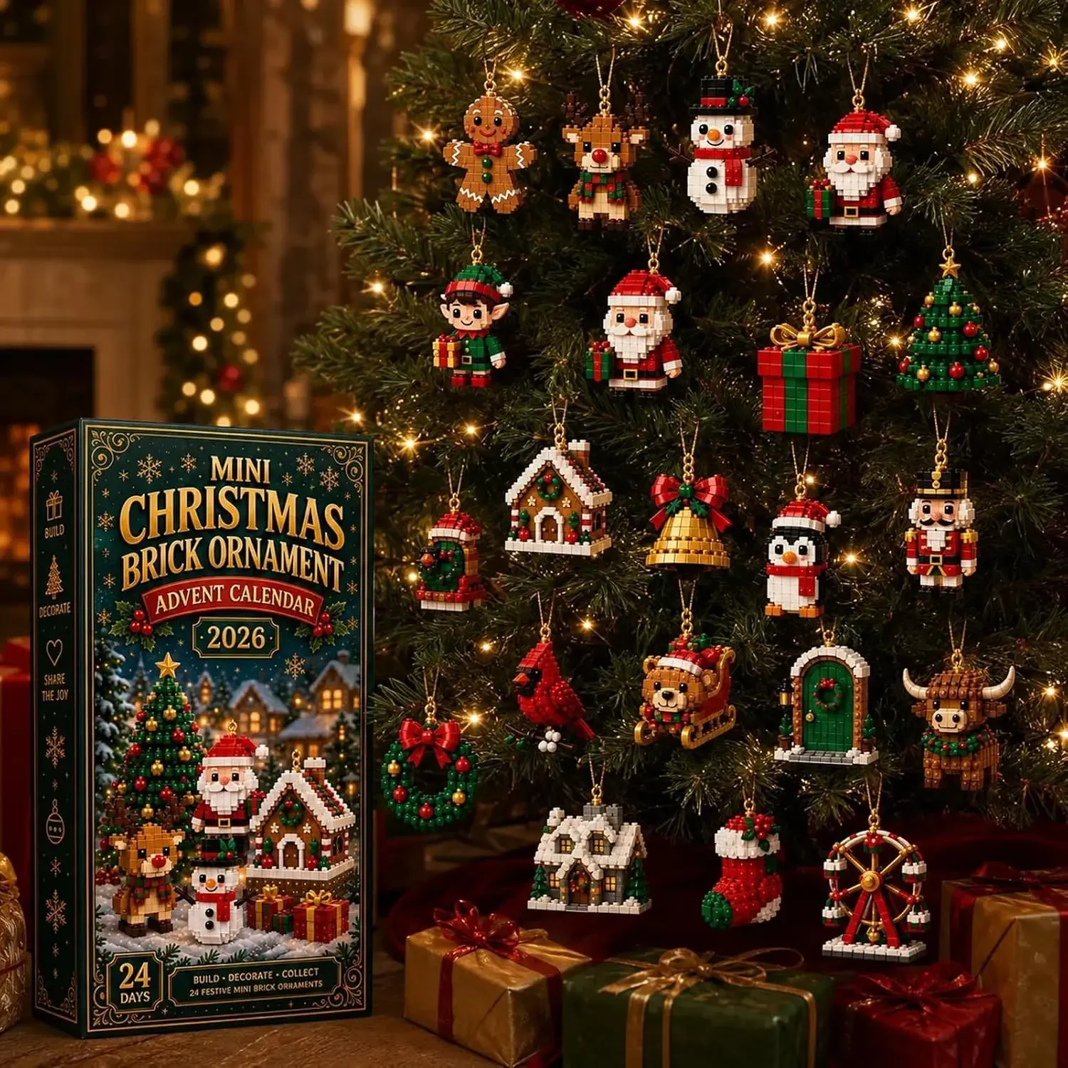 24-Day Mini Christmas Brick Ornament Advent Calendar,Unique Designs, Buildable Bricks, Hanging Loops Included, Holiday Countdown