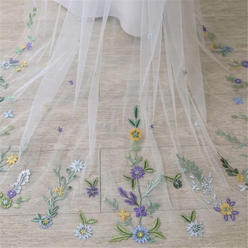 Coloreful Floral Wedding Bridal Veils With Comb Accessories For Bride Yellow Green Blue Purple Long Flowers Embroidered Tulle