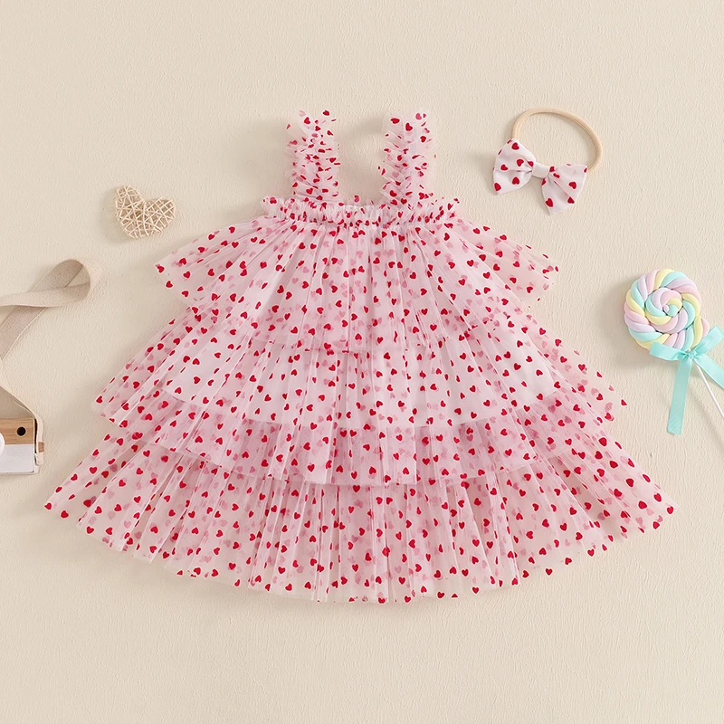 Vestido sem mangas com babados e estampa floral para bebês meninas com faixa de cabeça com laço combinando e saia de tule para ocasiões especiais