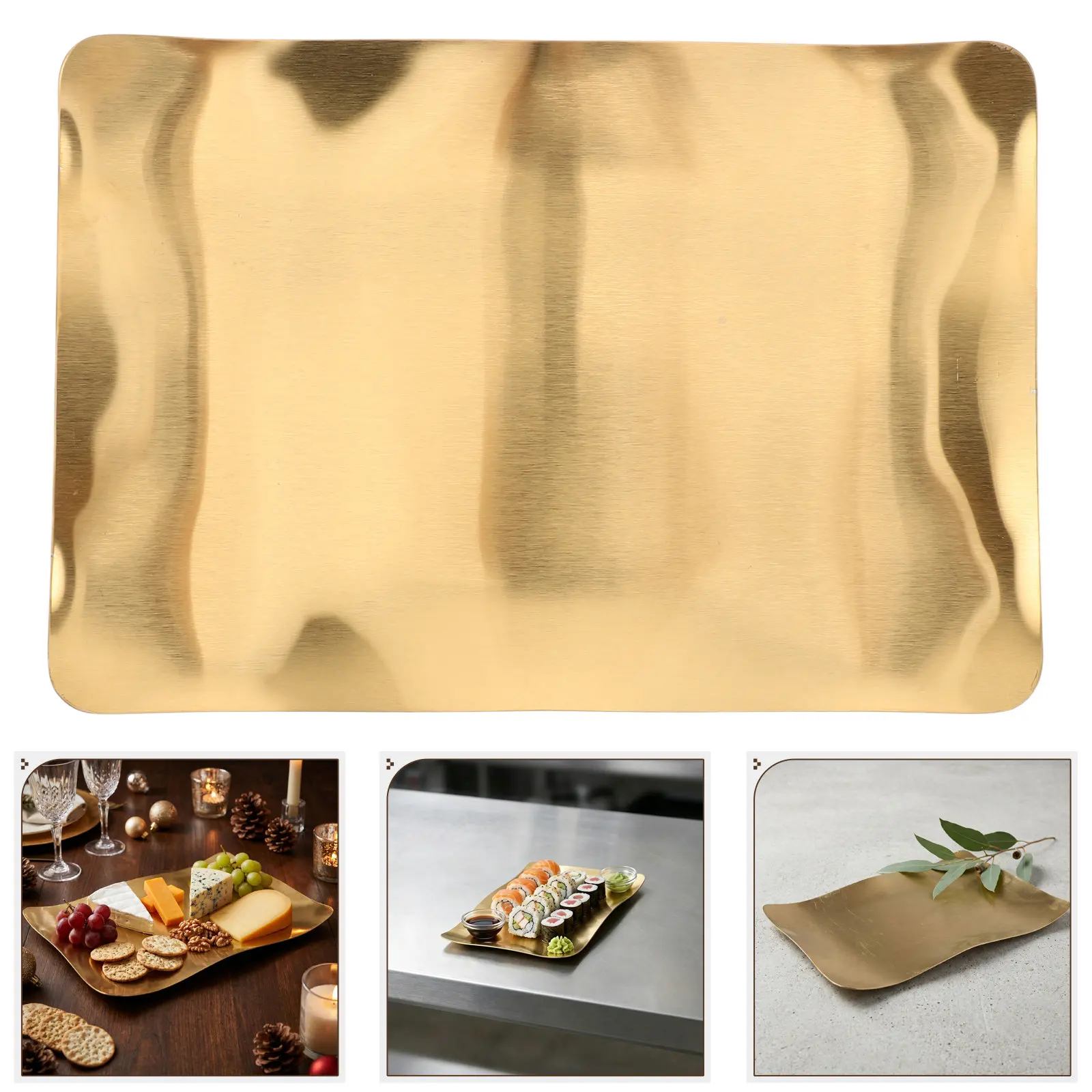Plato Rectangular de Acero Inoxidable Dorado de 9x6 Pulgadas, Bandeja para Servir Barbacoa, Plato de Acero Inoxidable para Filetes, Postres y Buffet