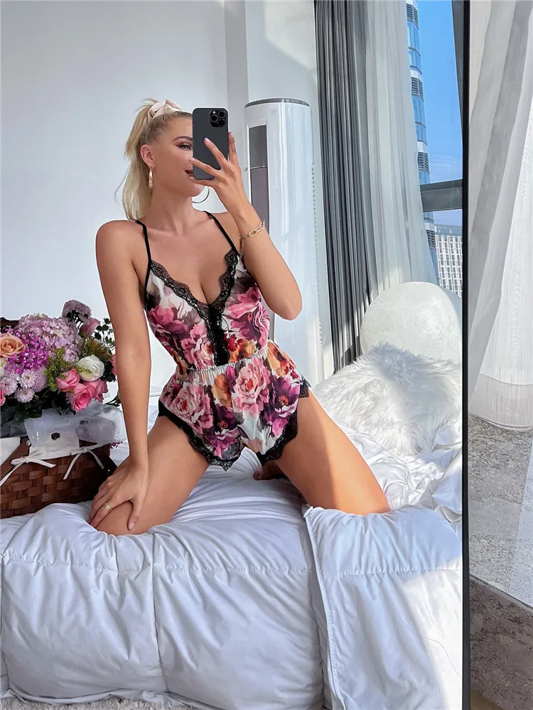 Sexy Romper Floral Bodysuits Soft Pajamas Backless Sleepwear Casual Holiday Body Mujer Jumpsuits Lace Trim Nightdress