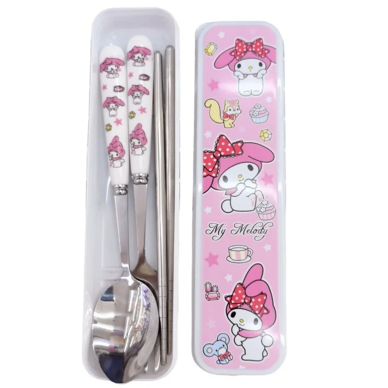 Juego de cubiertos de Hello Kitty, caja de cubiertos de Material de acero inoxidable con dibujos animados, suministros de cocina de viaje, decoración de escritorio, venta al por mayor