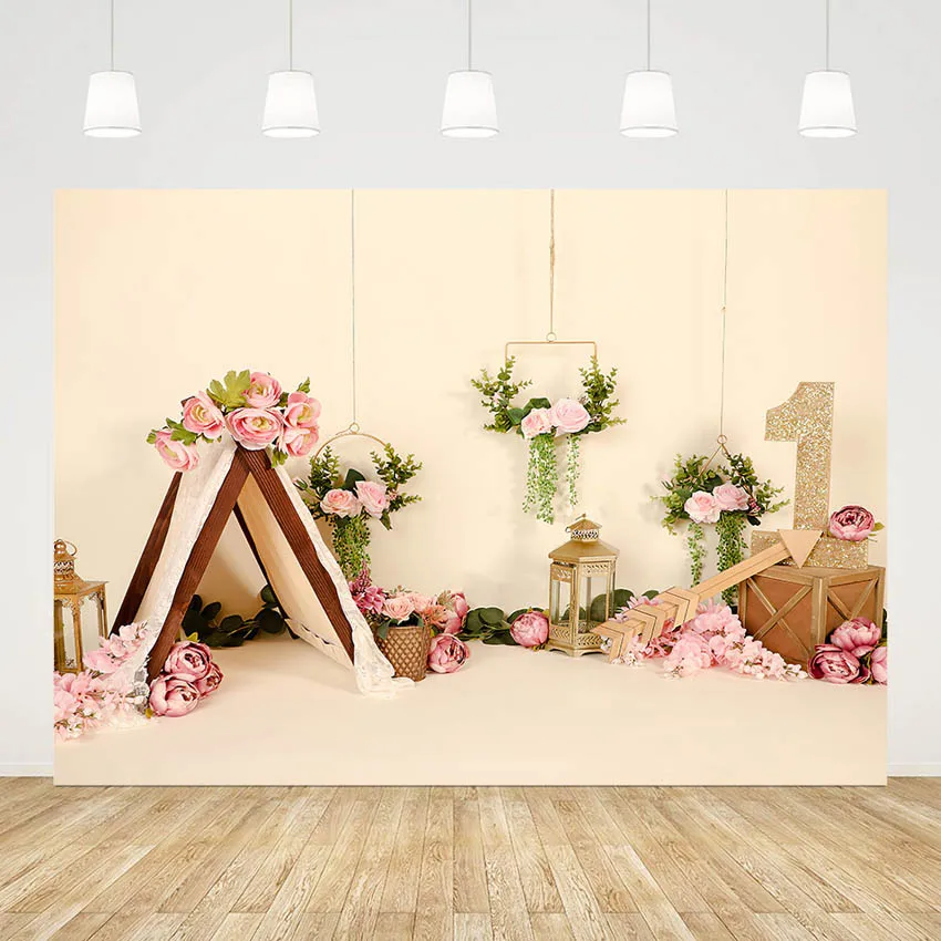 Mehofond – tente de Camping florale rose, flèche de fleurs, arrière-plan de photographie, décor de gâteau de 1er anniversaire pour fille, arrière-plan de Studio Photo