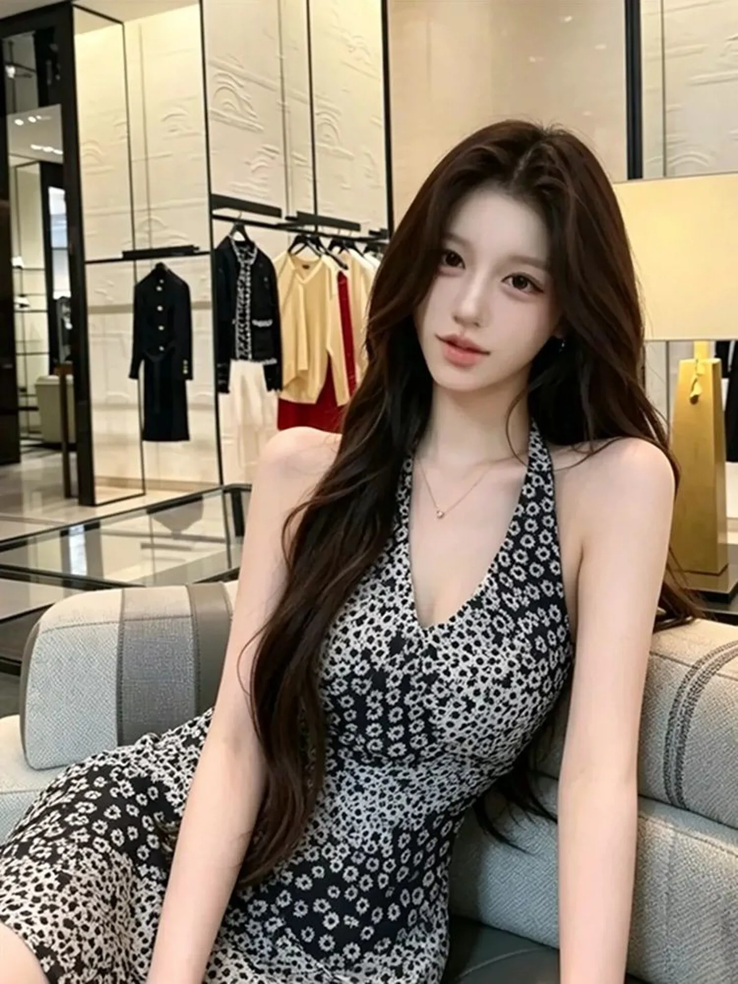Sexy Pure Desire Floral Print Off-Shoulder Sleeveless V-Neck Dress Slimming A-Line Short Skirt for Young Women City Commute B...