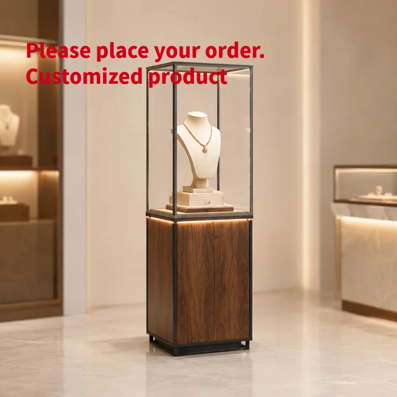 custom.Luxury Dark Walnut Jewelry Display Pedestal Black Metal Frame Glass Showcase with LED Lighting Retail Boutique Tower Cabi