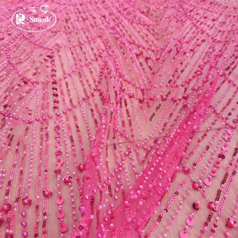 Rose Red Perlen Pailletten Streifen Hochzeitskleid Spitzenstoff, funkelnd und glänzend, DIY Nähen Kleidung Dekoration RS24437 – Detail 3