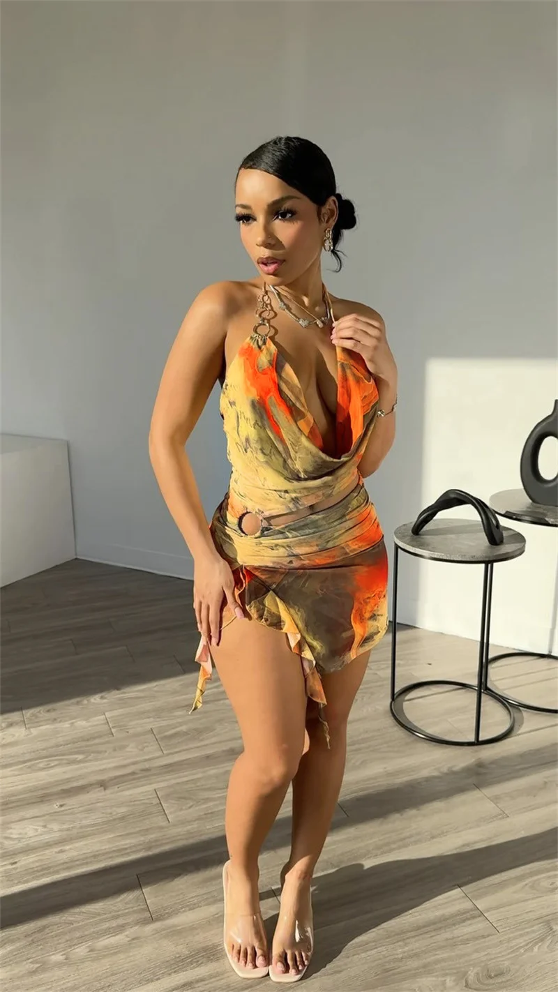 New Lace Up Halter senza maniche Tie Dye Print iruguar Ruffles Mini Sexy Night Club Dress Women Summer Cut Out Bodycon Party Dress