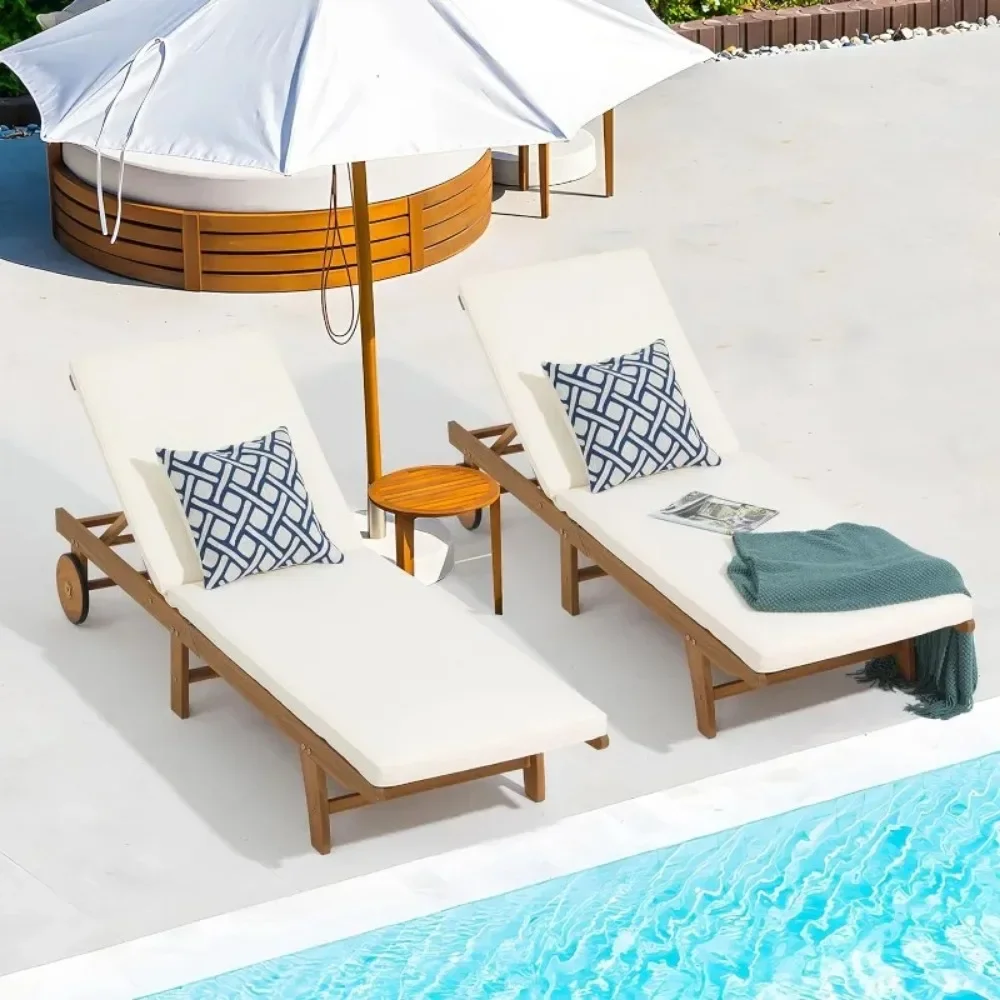 Acacia wood loungers (set of 2), outdoor folding loungers with adjustable backrest, wheels and cushions for decks, pools, etc.