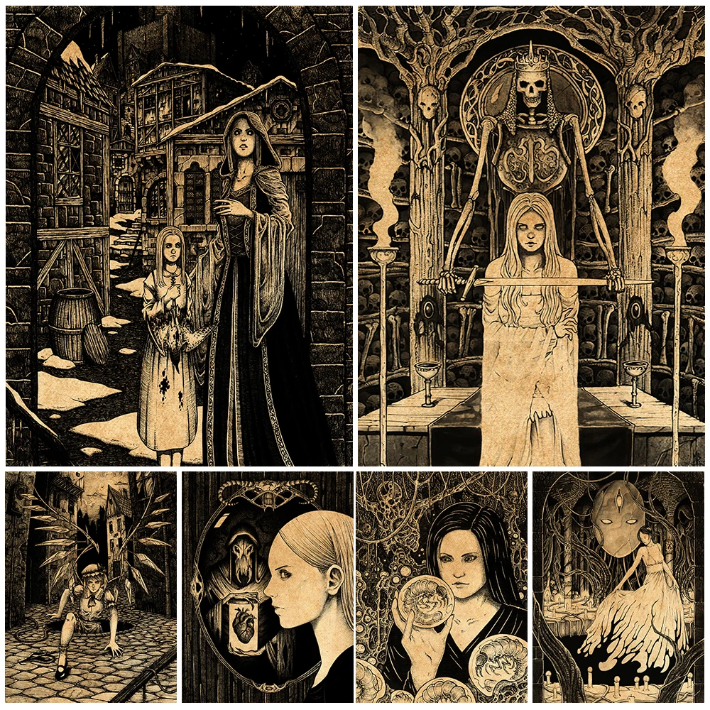 Evil Angel Of The Sewer Art Prints Castle Witches And Alien Creatures Retro Wall Art Canvas Painting Home Decor Poster Prints Un
