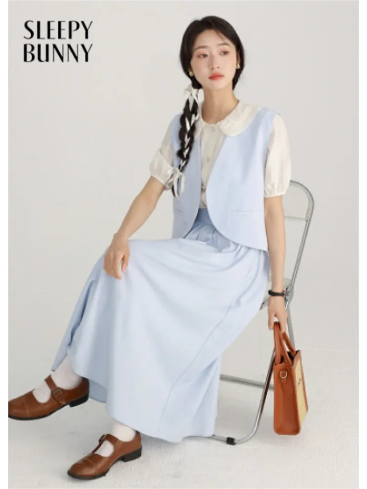 

Sweet Pleated Blouse and Skirt Set Puff Sleeve Double Collar Shirt with High Waist Midi Skirt Elegant Vintage Two-Piece Outfit
