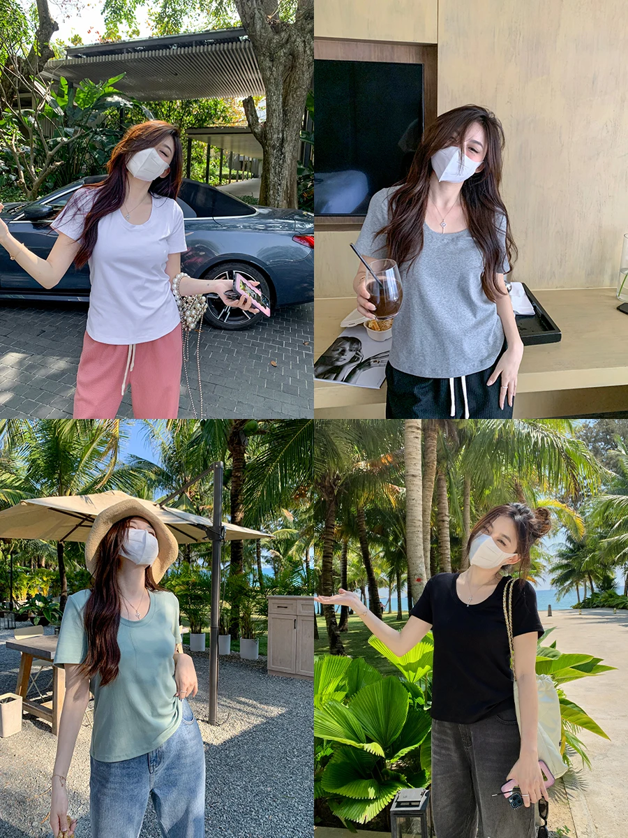 

Женская футболка больших размеров, базовая, однотонная, с круглым вырезом, коротким рукавом, летняя, свободная, повседневная, из смесового хлопка