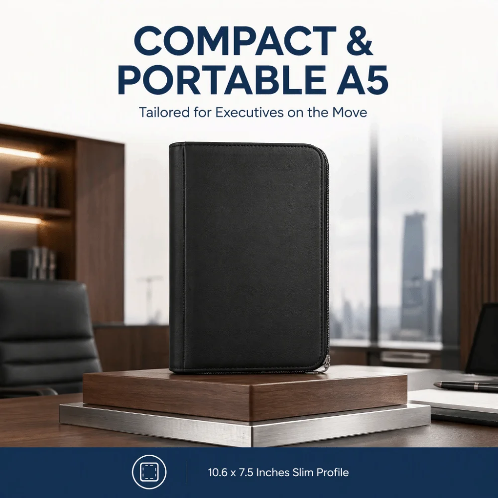 PU Leather Business Portfolio A5 Size 3 Ring Binder Padfolio Folder Zippered Closure Card Slots Writing Pad Portfolio