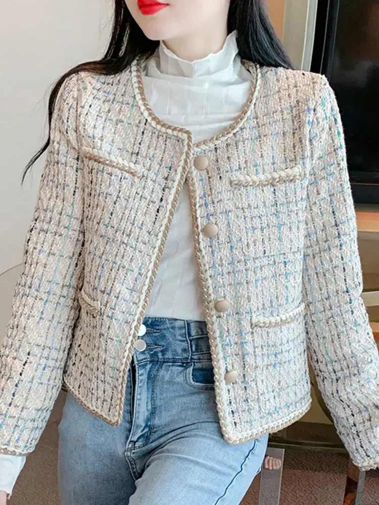 

Spring Fall Elegant Tweed Jackets Tops Women Casual Loose Single Breasted Cropped Outerwears Korean Fashion Long Sleeve Veste