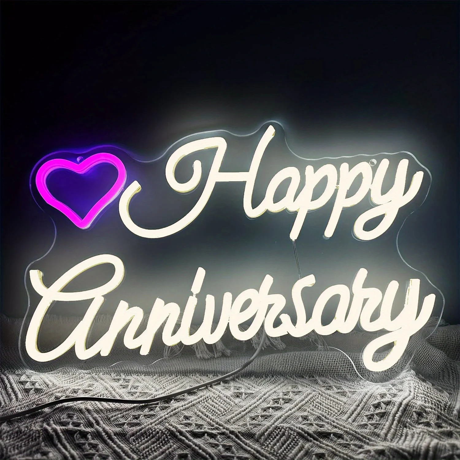 Happy Anniversary Heart LED Neon Sign USB Powered Wedding Party Decoration Romantic Couple Gift Wall Art Night Light