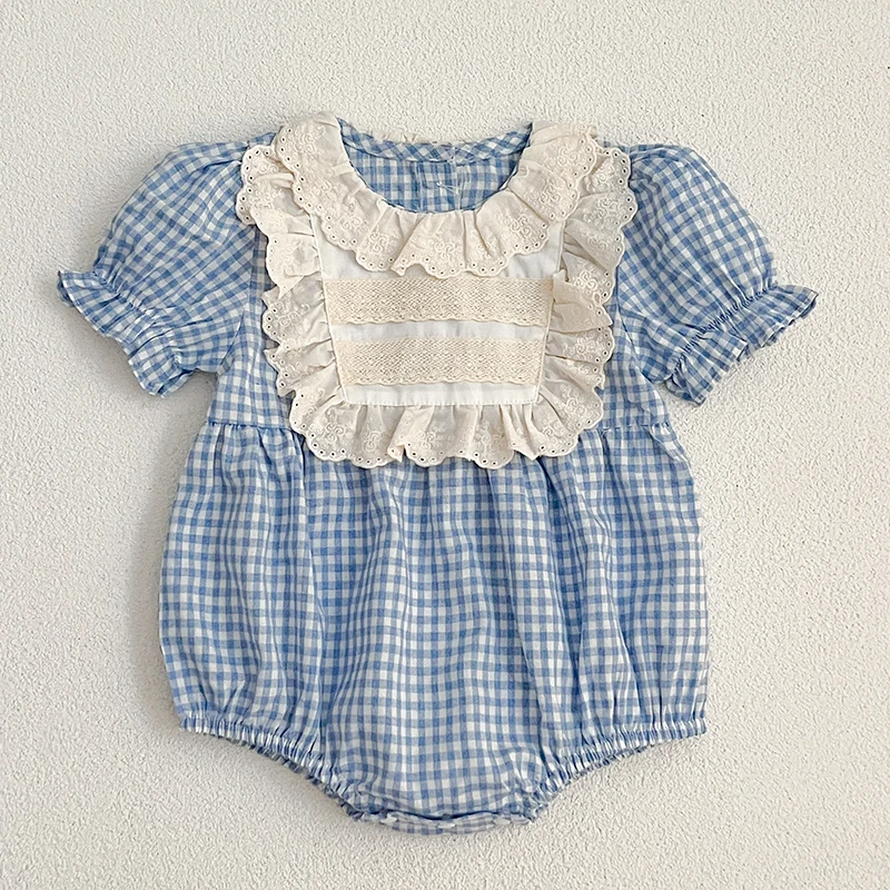 New Summer Baby Girls Romper Newborn Lace Clothing Vintage Blue Grid Infant Embroidery Jumpsuit Toddler Girls One-Piece Clothing