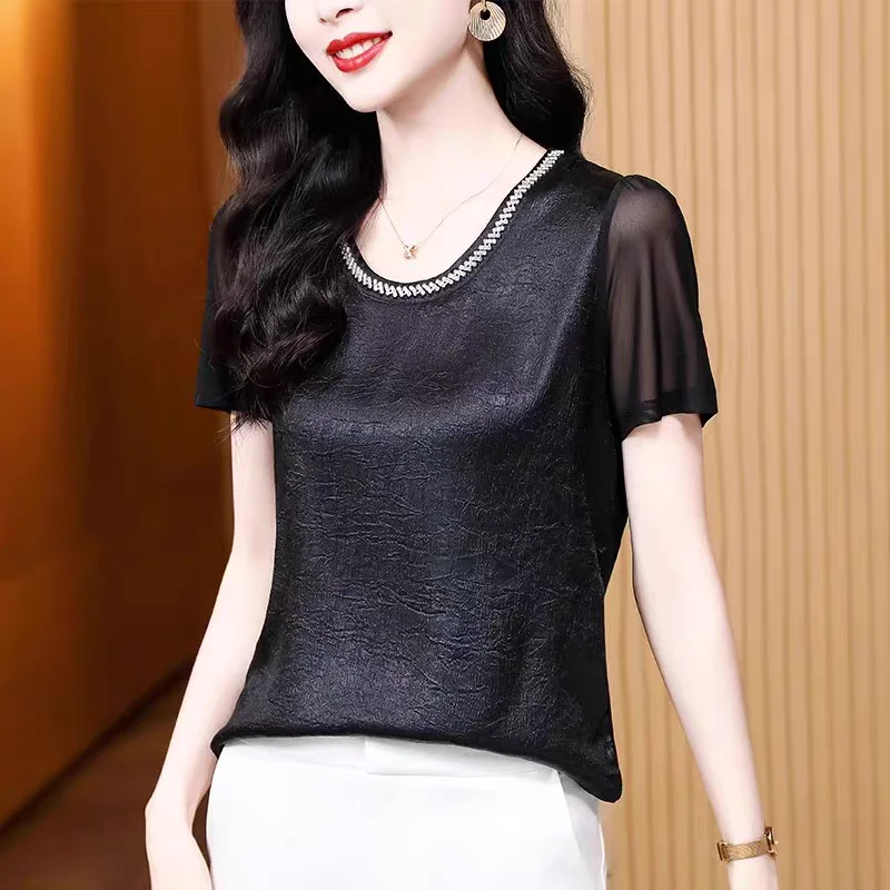 Sommer Neue Koreanische Sexy Oansatz Glänzenden Diamanten frauen T-Shirt Mode Dünne Kurzarm Tops Elegante Weibliche Casual Tees Blusas