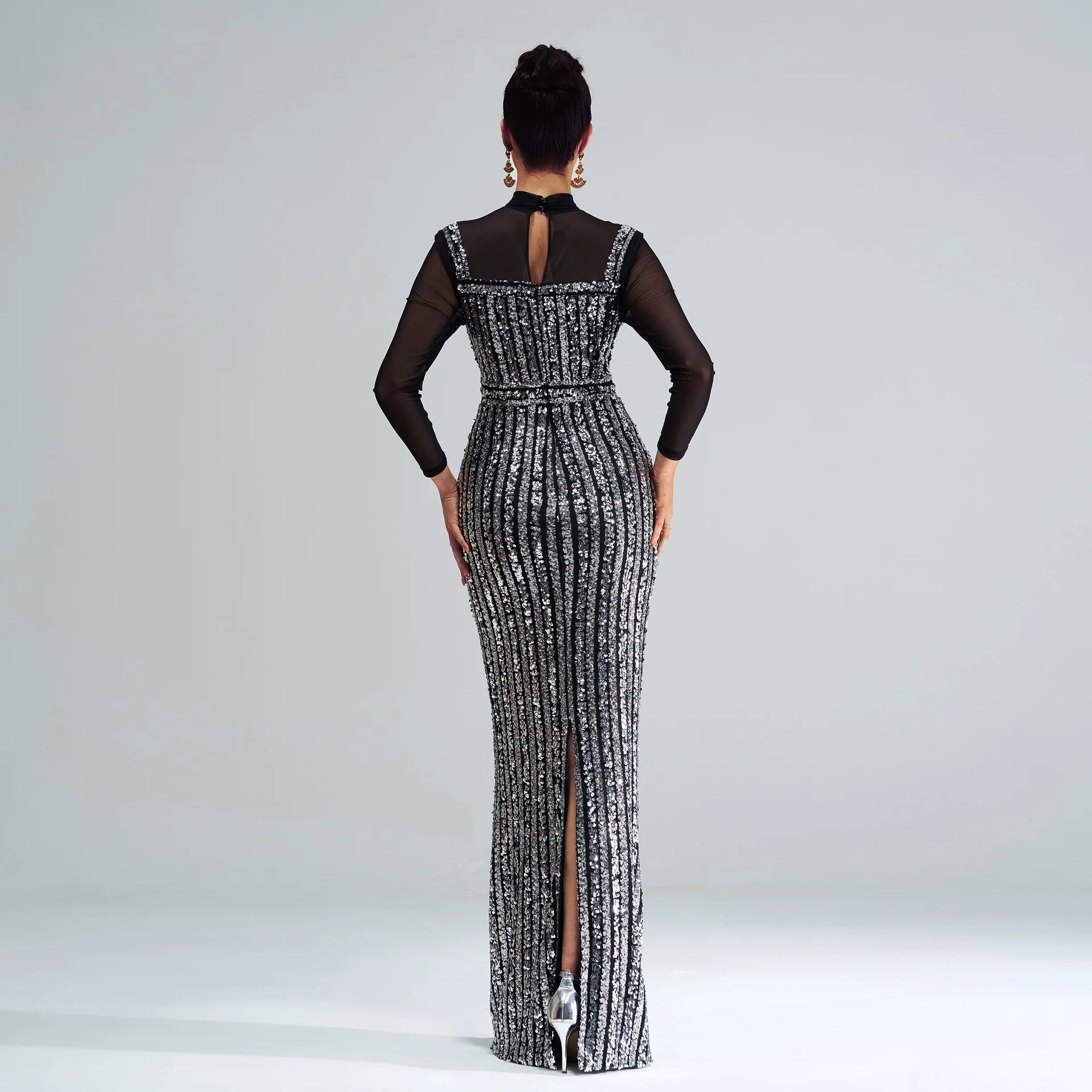 イブニングドレス ロングスリーブ ラウンドネック スリムフィット ボディコン プロム スパンコール テール付き レディースファッション 新作 秋 ハイウエスト...