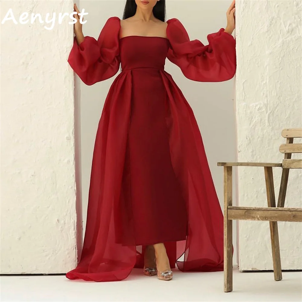 

Aenyrst Elegant Red Long Puffy Sleeves A Line Evening Dresses Square Collar Backless Ankle Length Prom Party Gowns For Women