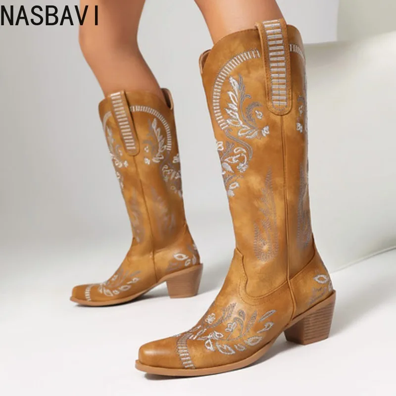 

NASBAVI/2026, новые зимние высокие сапоги на толстом каблуке 5,5 см с острым носком 40–43, рыцарские высокие сапоги большого размера с боковой молнией и вышивкой
