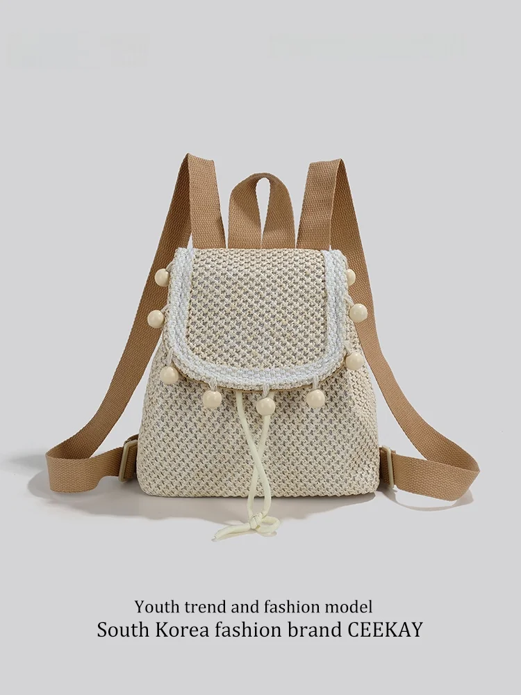 Ceekay Women's Straw Woven  Double Shoulder Bag Fashionable Student Backpack Commuter Style Zipper Closure Daily Use