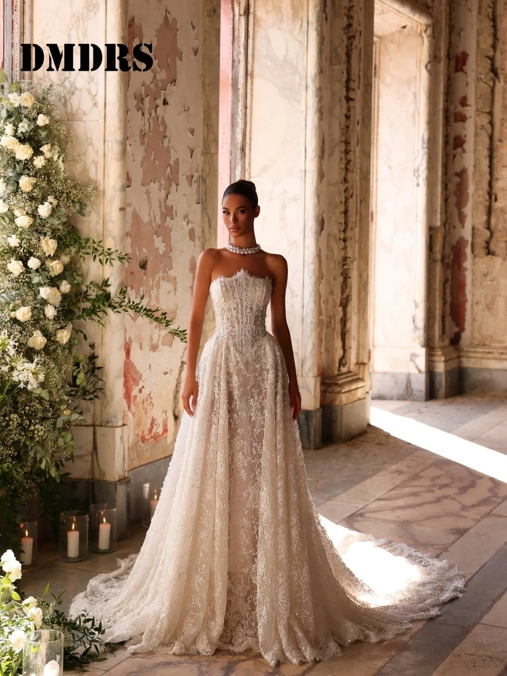 

Charming Sleeveless Wedding Dresses Elegant Lace Bridal Gowns Romantic A Line Floor Length Wedding Gowns Vestidos De Novia