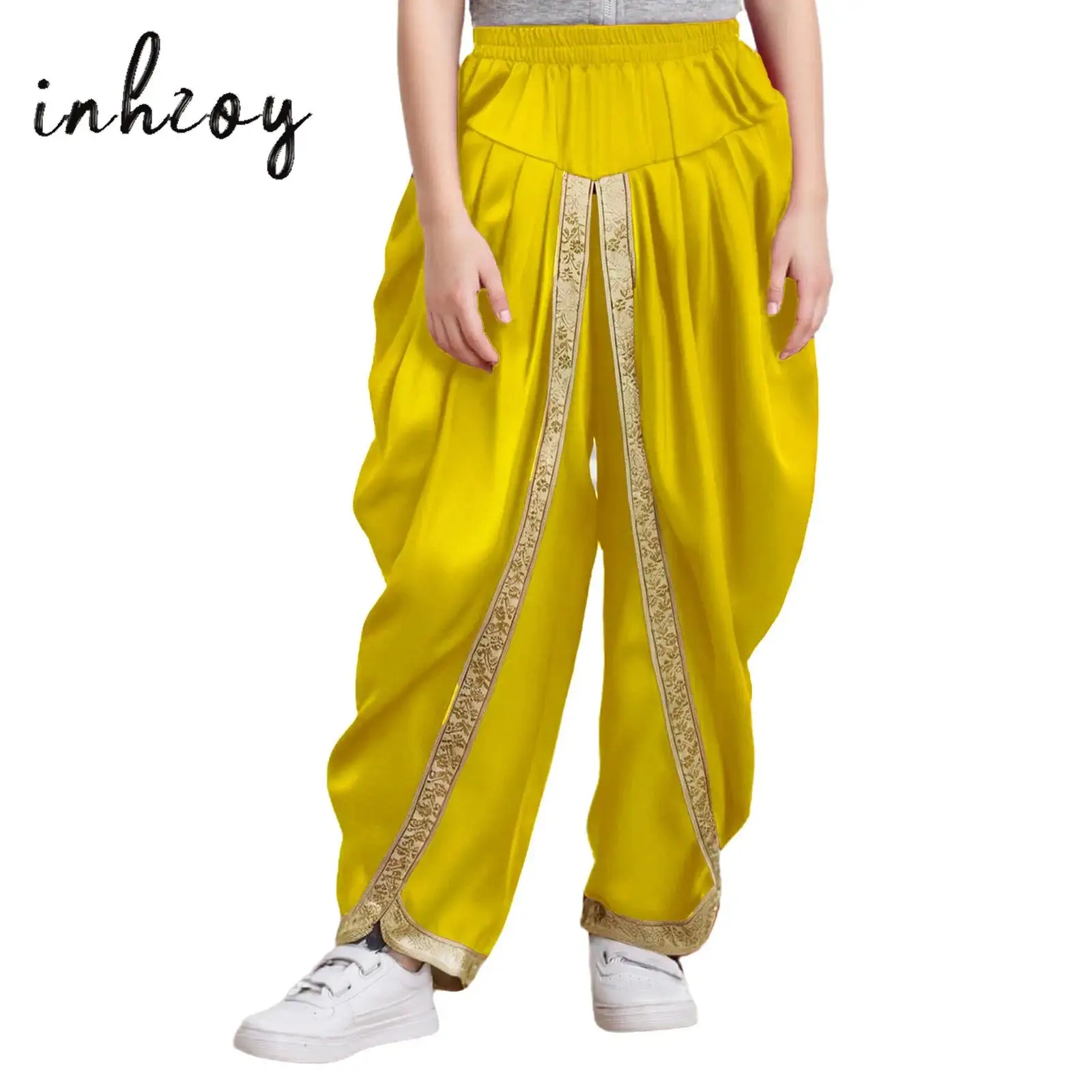 

Girls Boys Satin Dhoti Pants Indian Dance Pants Elastic Waist Draped Baggy Trousers for Halloween Party Fancy Dress Ball Clothes