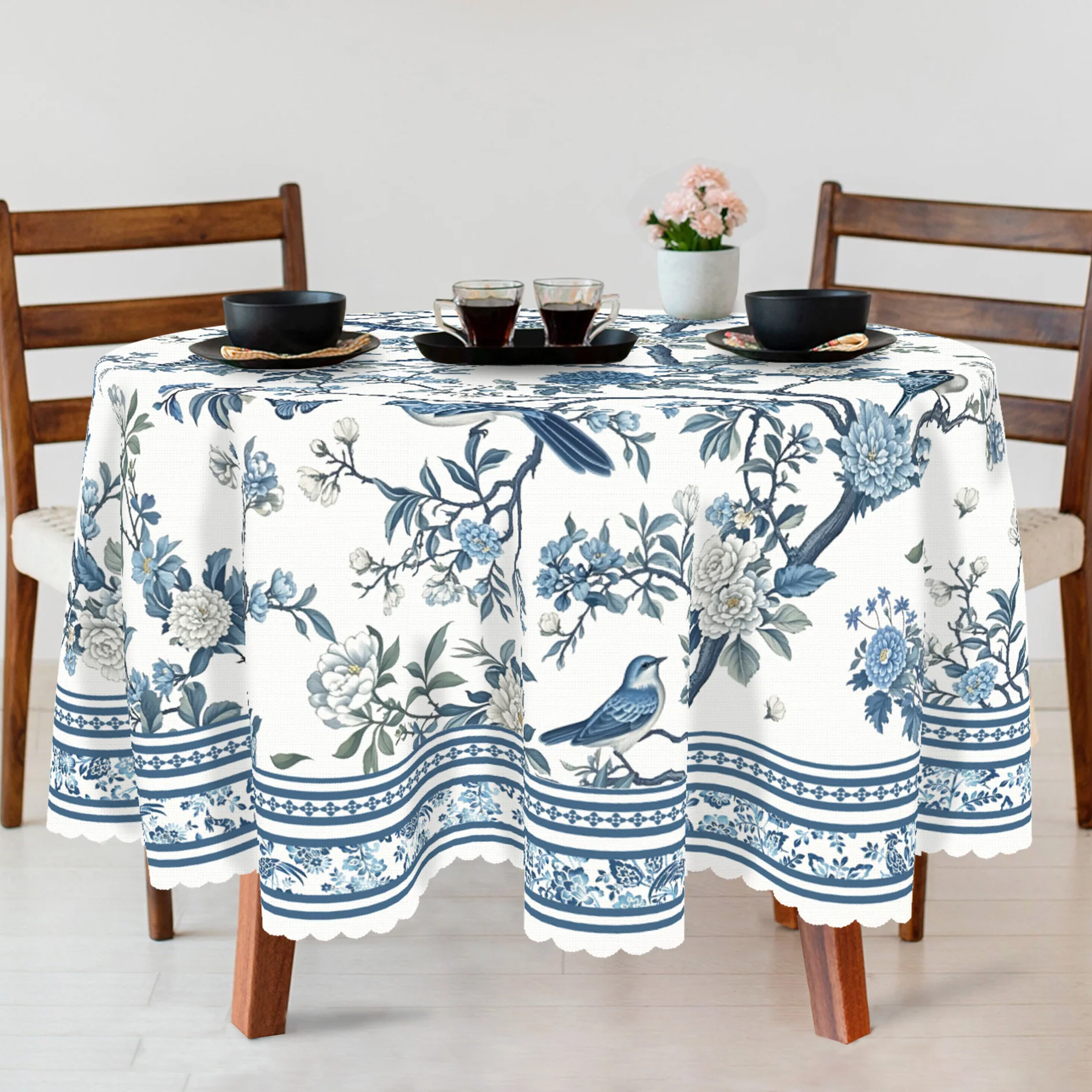 1 Blue White Rectangular Tablecloth, Classic Porcelain Floral Oriental Design, 100% Polyester, Machine Woven, Spring And Summer