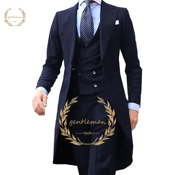 Giacca da abito lunga da uomo, pantaloni gilet, abito in 3 pezzi, blazer da ufficio aziendale personalizzato, cappotto casual sottile, abito formale