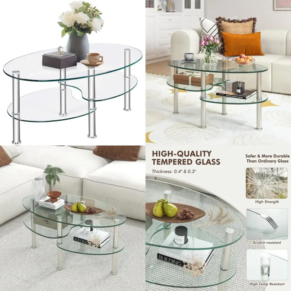 

Modern Oval Glass Coffee Table - 2-Tier Smooth Glass End Table for Home Office and Living Room Decor