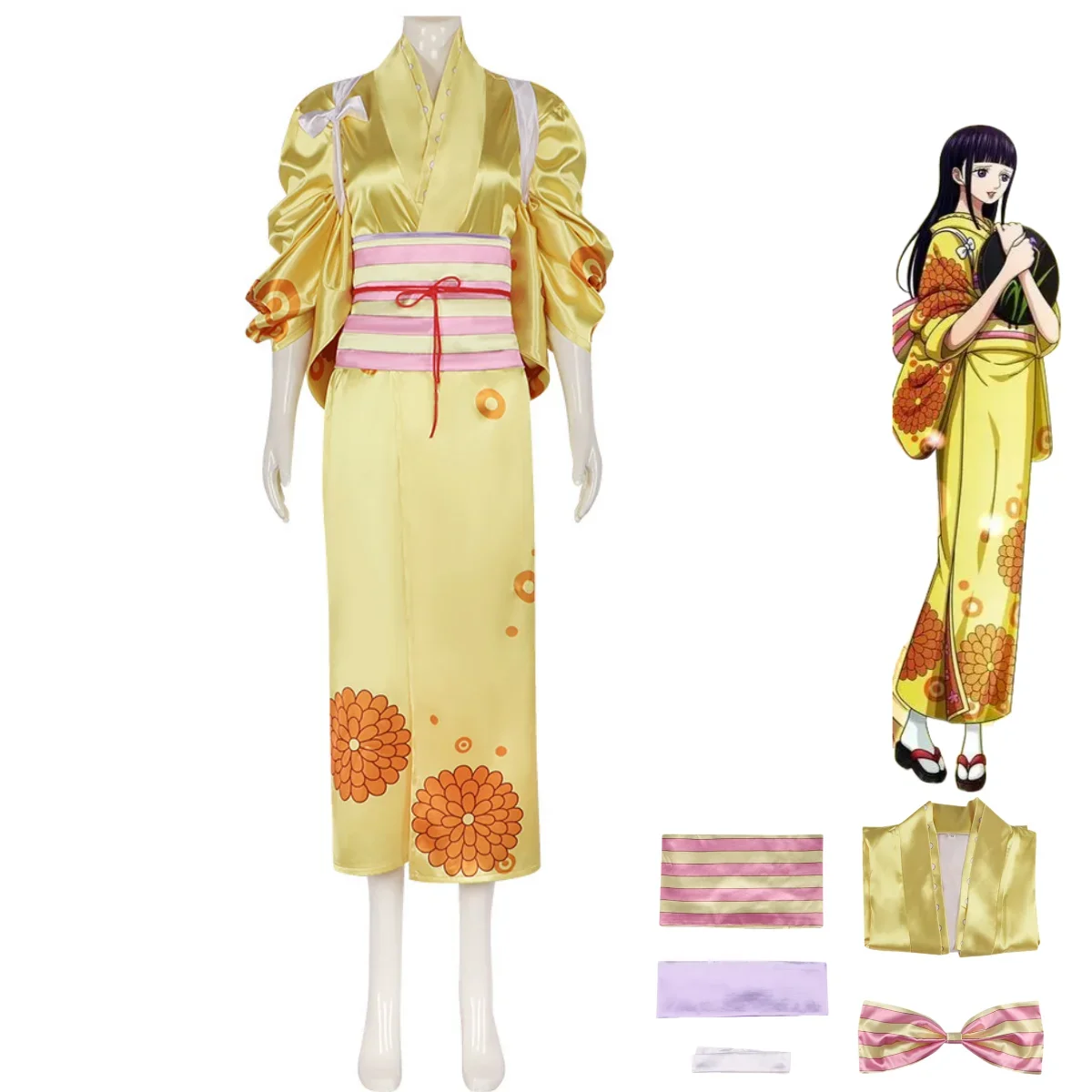 Anime Kikunojo O-Kiku Cosplay Costume Wano Kuni Country Nine Red Scabbards Japanese Yellow Kimono Woman Halloween Party Suit