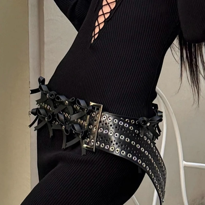 Occident Y2k Rivets Bow Belt Punk Three-row Vapour Eyelet Wide Waistband Nightclub Spice Trend New Dress Decoration Belt