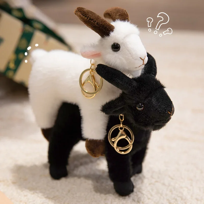 Porte-clés en peluche mouton blanc et noir, 16cm, mignon, réaliste, chèvre, pendentif, décor de sac à dos, compagnon de voyage, poupée d'anniversaire pour enfant ﻿ Cadeau