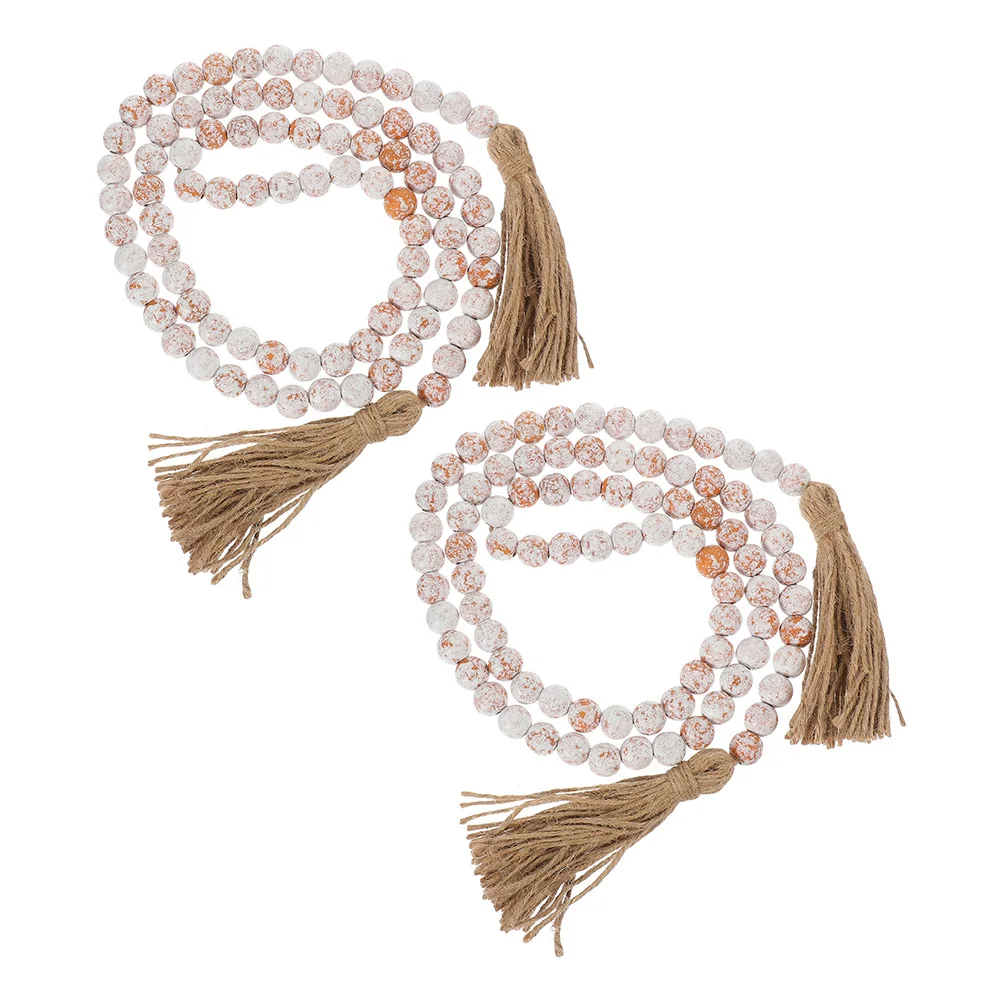 

2pcs Wooden Bead Garland With Tassels Rustic Wall Hanging Farmhouse Beaded String Home Decor For Party Festival