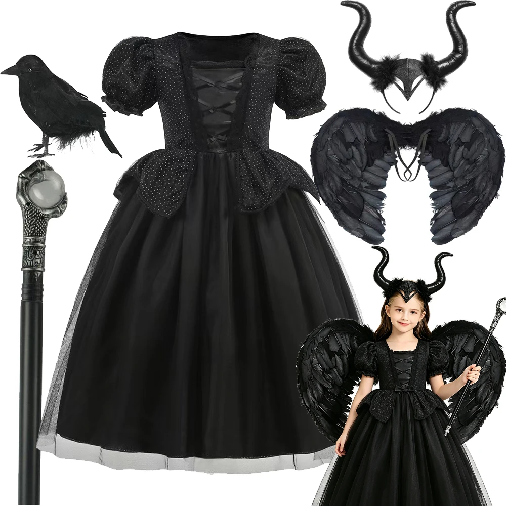 Halloween Costume For Kids Black Witch Dress Fancy Role Playing Costume Carnival Party Stage Performance Girls Gown Outfit