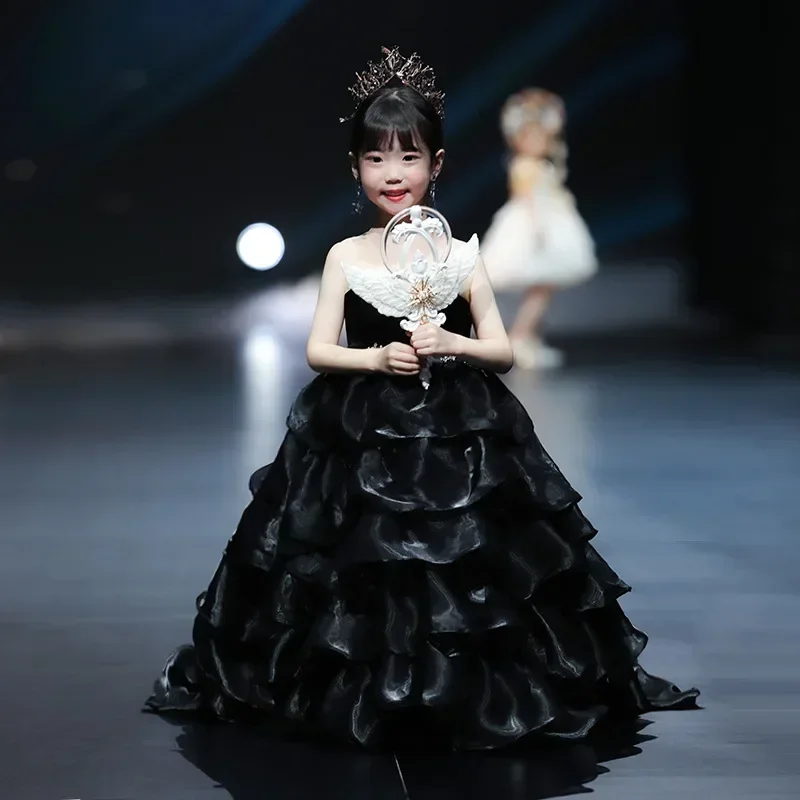 

2025 Flower Girl Pageant Wedding Black Elegant Dresses for Girls Ball Gown Kids Communion Dress Children Performance Vestido