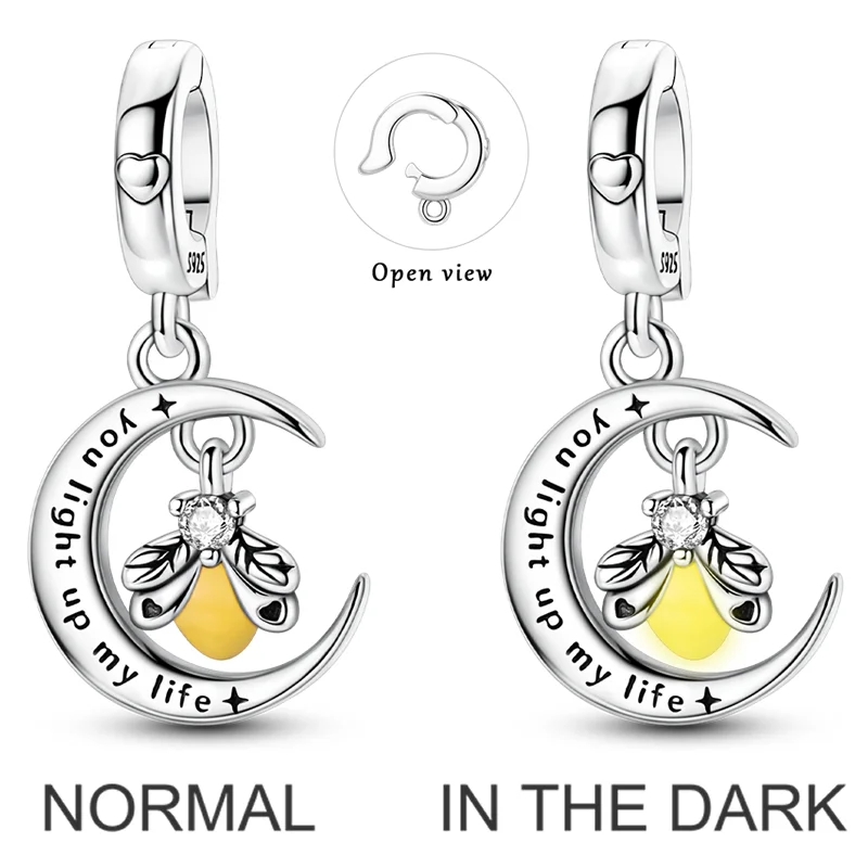 

925 Sterling Silver Charms Bead CZ Zircon Firefly Engraved Moon Dangle Fit Original Bracelet DIY Women Jewelry Gift