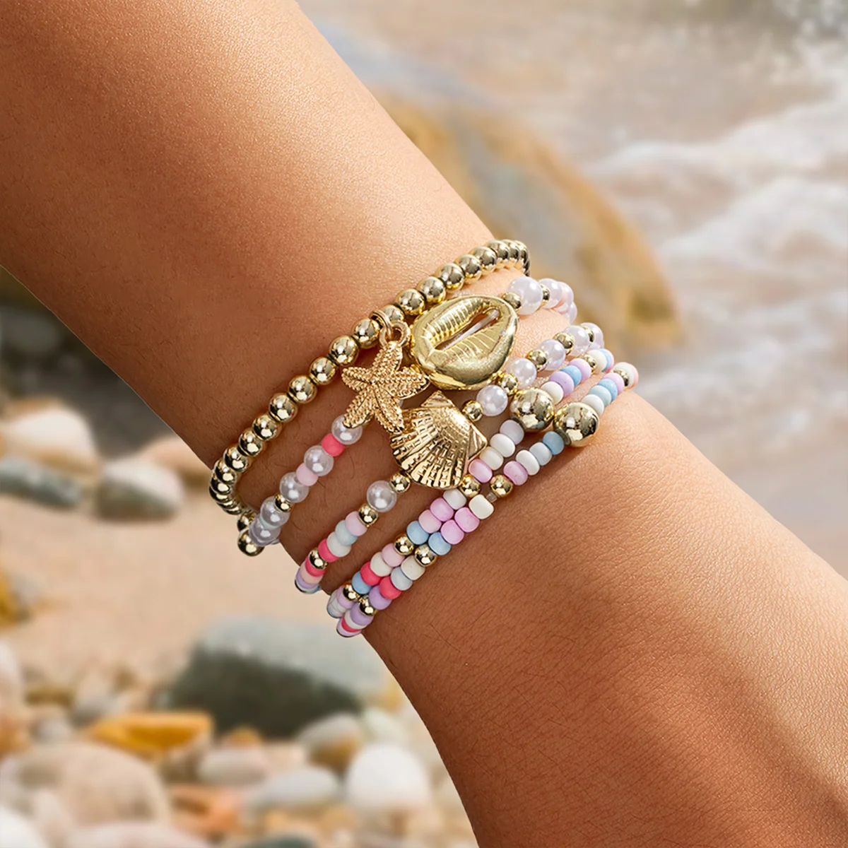 Summer Ocean Style Stackable Bracelet Set, Gold Bead Shell Starfish Pendant, Macaron Beaded Stretch Bracelet