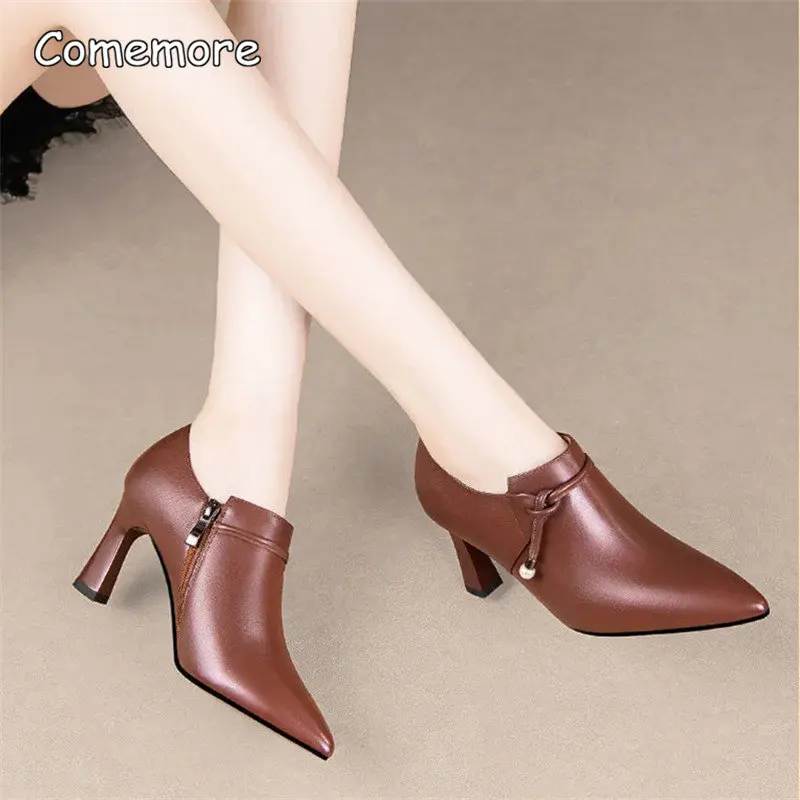 Comemore Women Fashion High Quality Zipper Short Ankle Women's Spring Boots Lady Brown Black Boot Autumn Shoes Leather Pumps 40