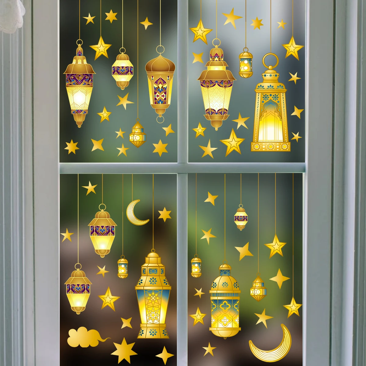 5pcs/set Star Moon Lamp Double-Sided Printed Glue-Free Wall Stickers Electrostatic Glass Film For Shop Window Decorations