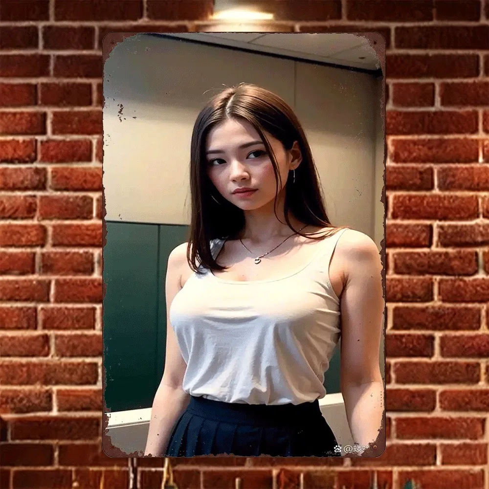 HD Tin Sign Vintage Asian Girl in White Tank Top & Pleated Skirt Metal Wall Art Retro Decor for Bar Cafe Home