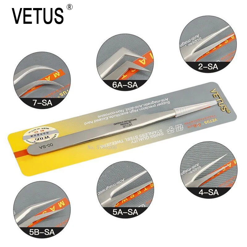 Vetus Precision Anti-magnetic Tweezers 2A-SA 5A-SA 5B-SA 6A-SA 36A-SA Steel Curved Straight Tip Pincet Phone Repair Hand Tools