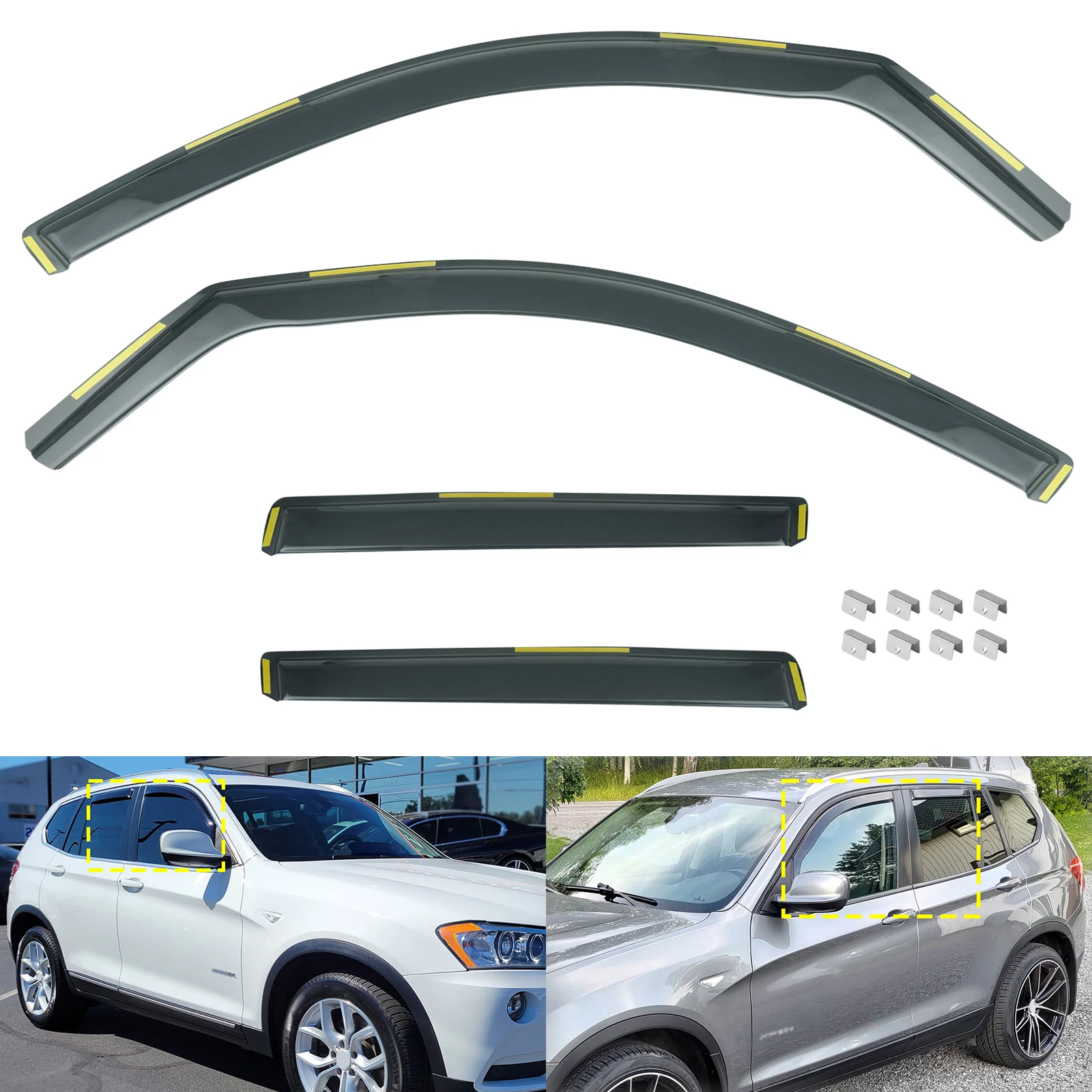 For BMW X3 F25 2010-2017 5-Door SUV Tint Tea Translucent Wind Rain Sun Guard Deflectors Window Edgevisor Protector