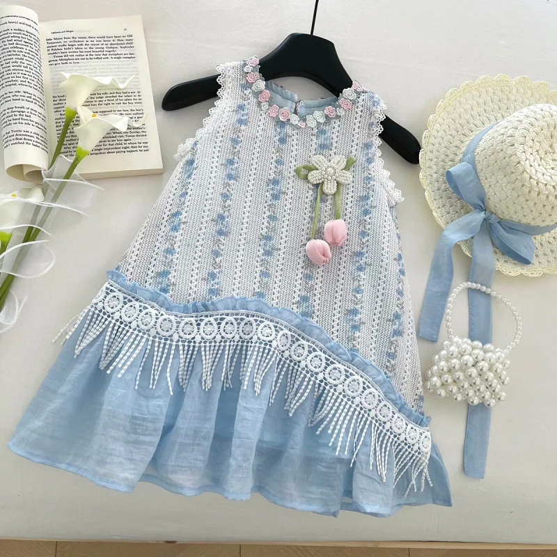 New Summer Vacation Style Floral Dress for Girls, Sweet Lace Trimmed Strap Dress for Children