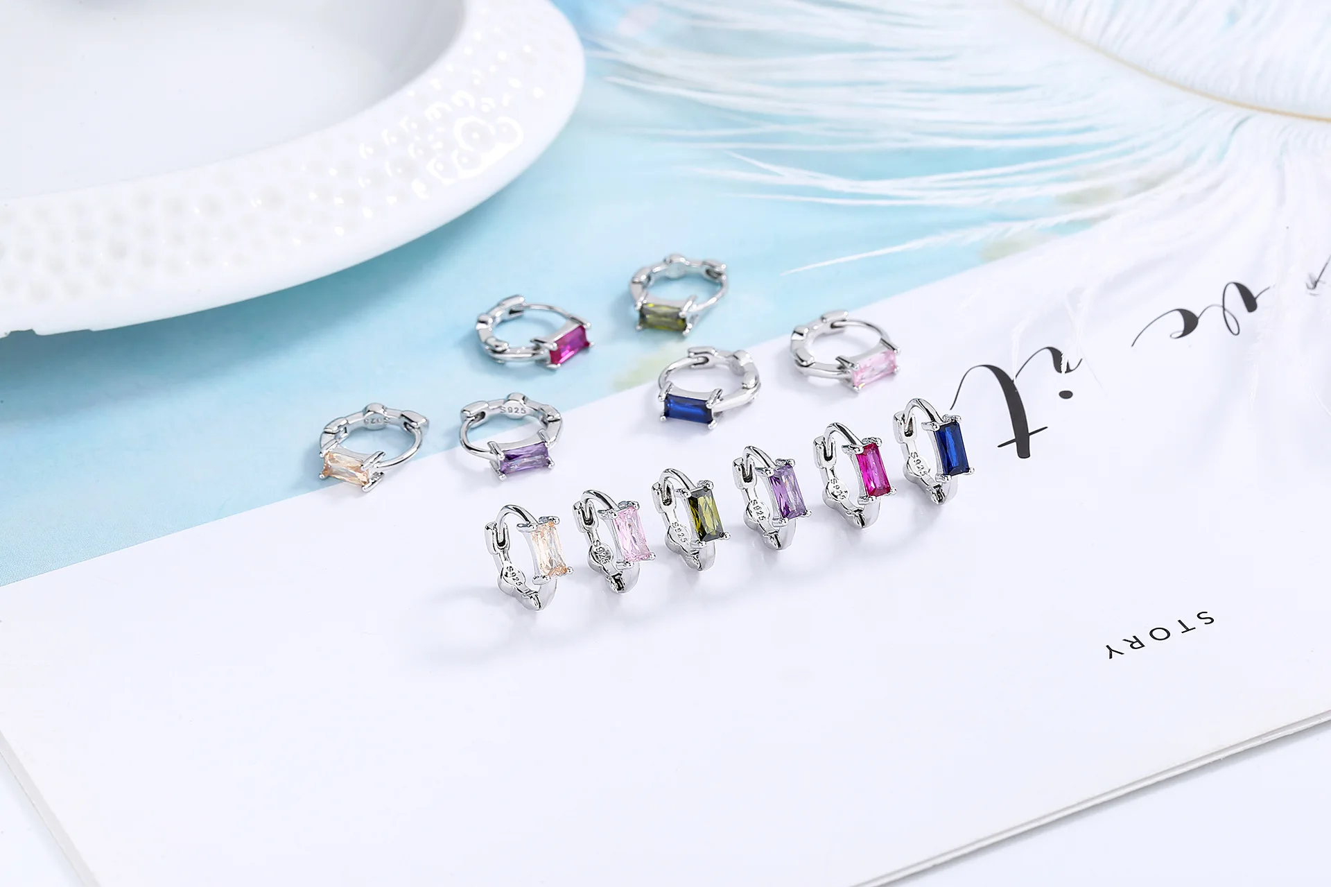 Huggies Earrings Purple white Green Blue Red Square Heart Silver Color Small Hoop Earrings for Women Girls Wedding Jewelry