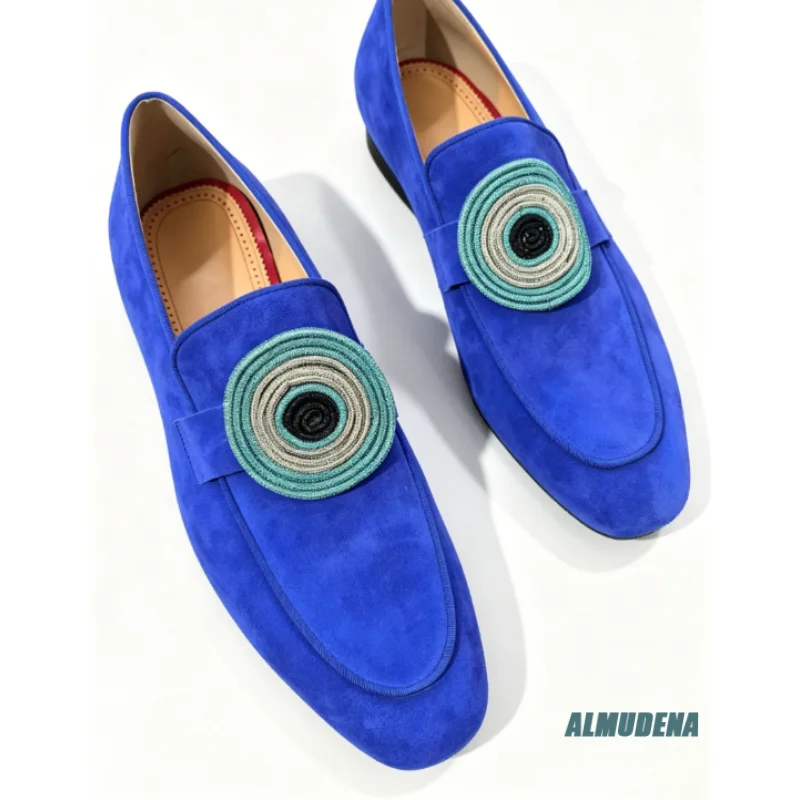 Bright Blue Suede Loafers Men's Fashion Round Toe Slip On Flats Outdoor Spring Autumn New Comfortable Retro Formal Dress Shoes