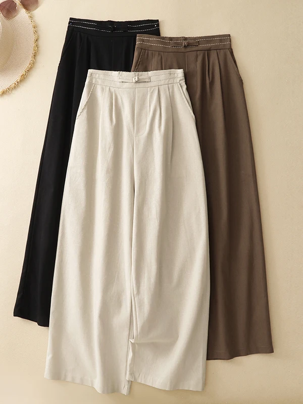 Casual High Waist Wide Leg Pants Women's Pure Color Cotton Linen Straight Cut Loose Fitting Summer Slimming Nine Point Trousers