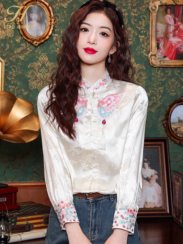 H Han Queen 2024 Autumn Blouse Women Embroidery Beading Shirts Office Work Blouse Long Sleeve Vintage Loose Tops Woman Clothing