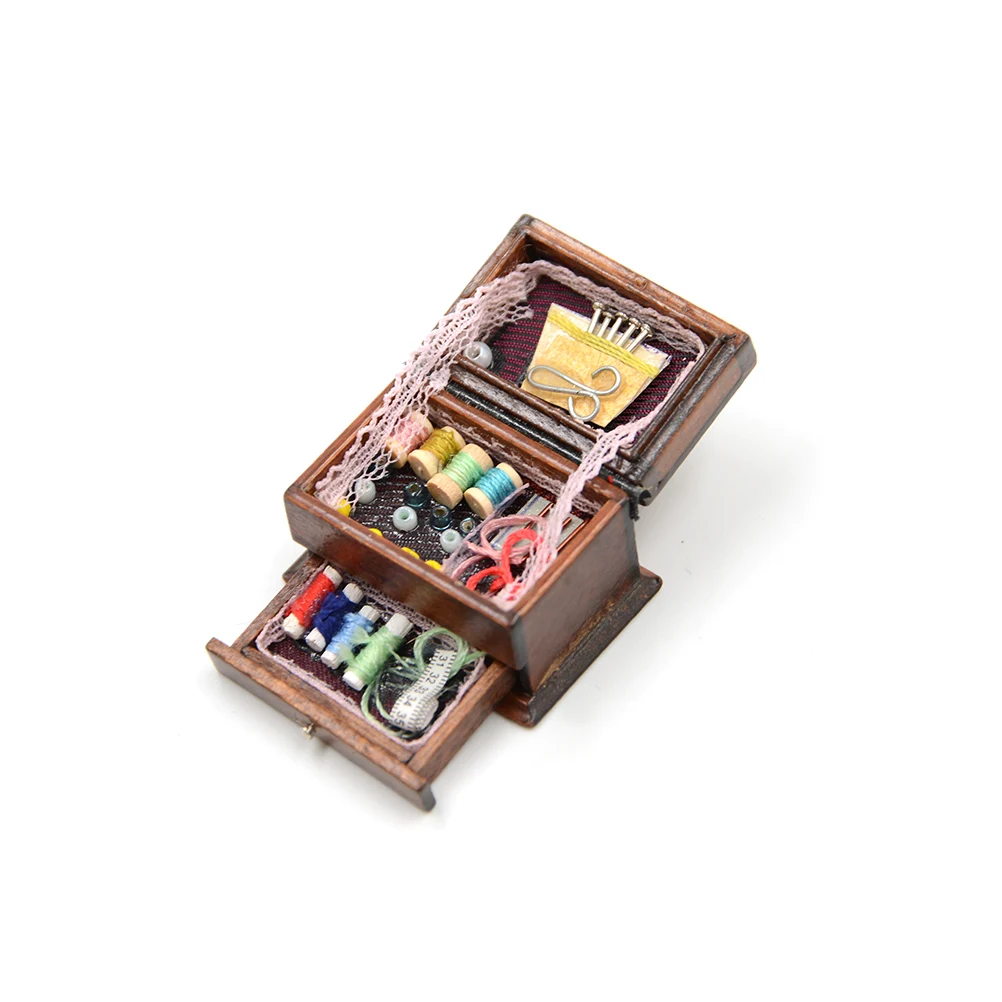 Hot Sale 1:12 Vintage Sewing Needlework Needle Kit Box Sewing Machine Dollhouse Miniature Decor