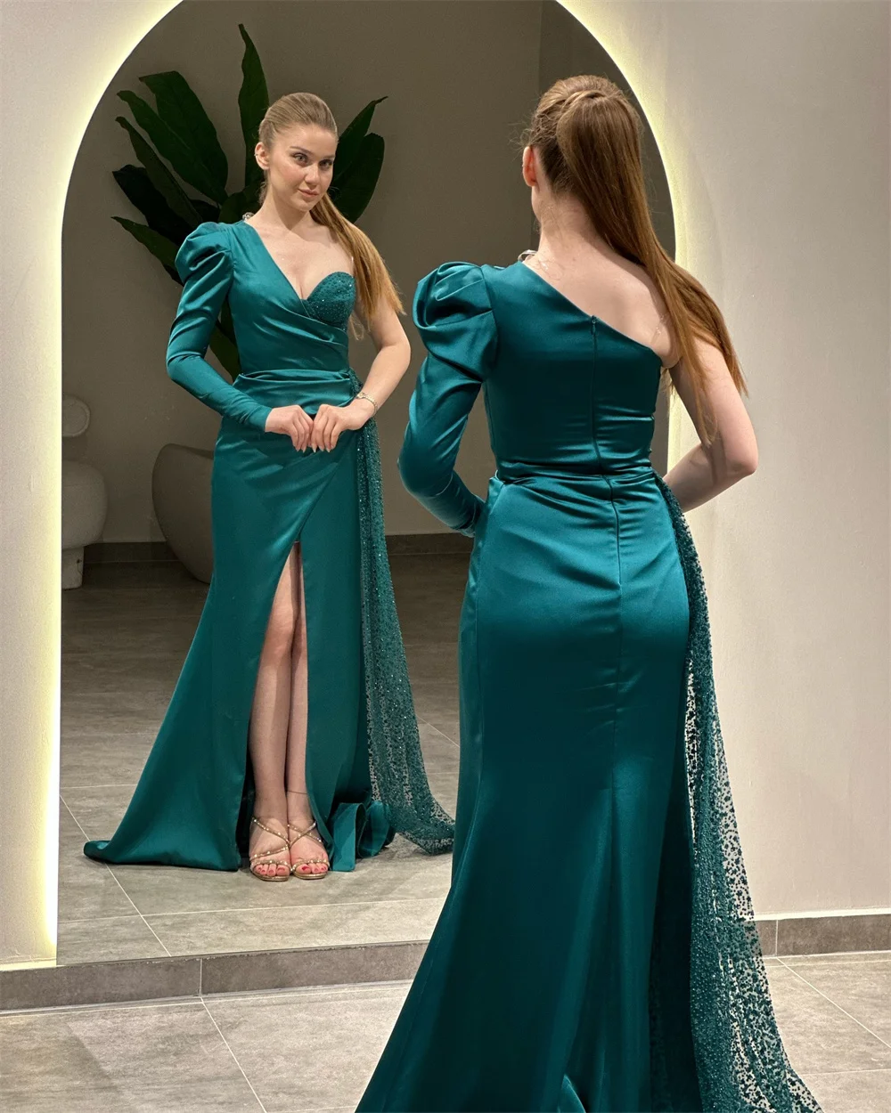 Amanda Aangepaste Side Hoge Split Een Schouder Trailing Prom Jurken Zip vestidos de noche Lange Mouwen Formele Avond 2025